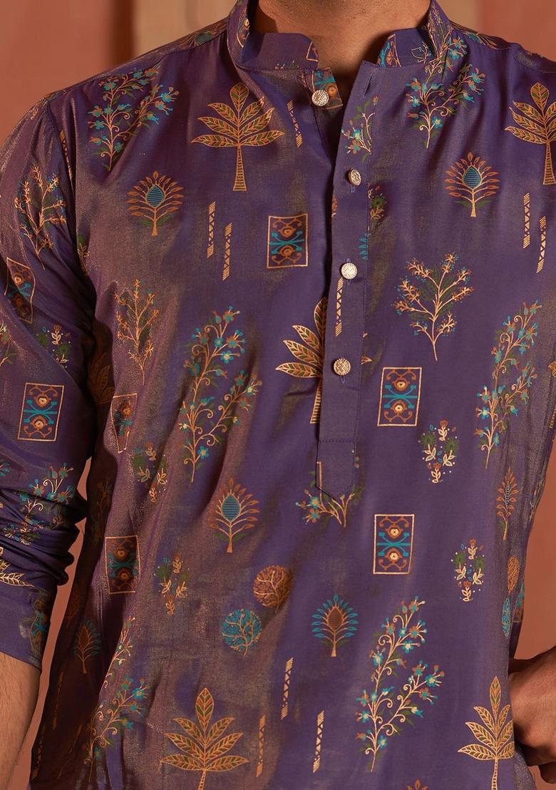 Purple Printed Silk Kurta Set For Men - Indya