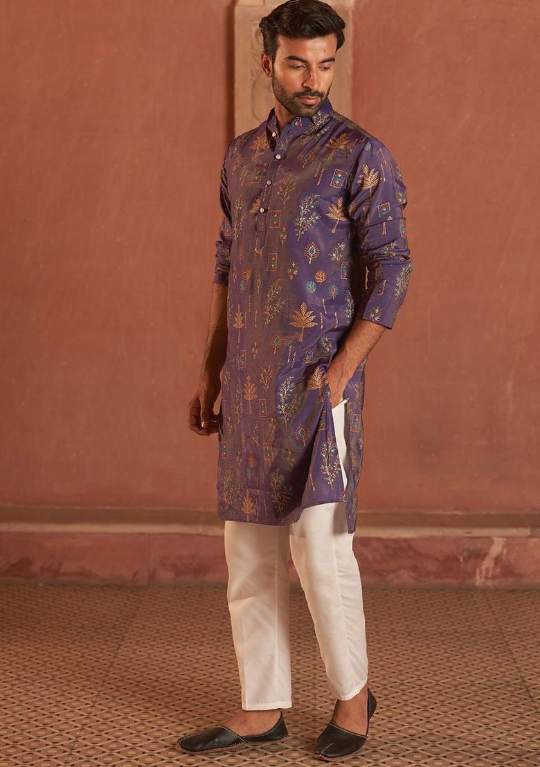 Purple Printed Silk Kurta Set For Men - Indya