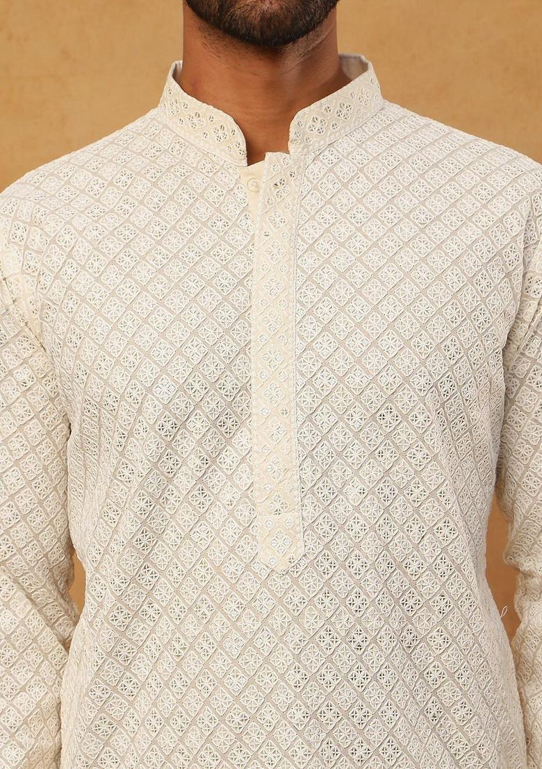 White Embroidered Cotton Kurta Set For Men - Indya