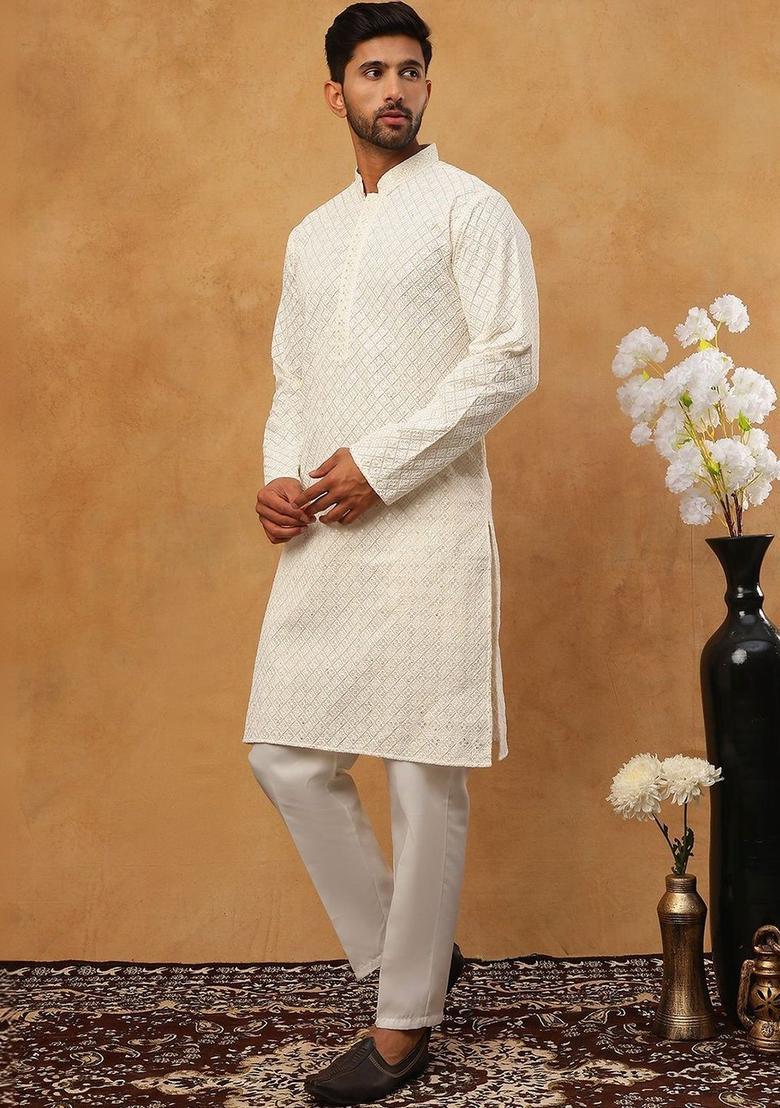 White Embroidered Cotton Kurta Set For Men - Indya