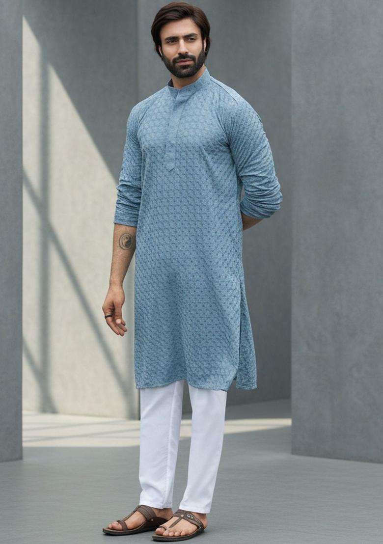 Blue Self Design Silk Blend Kurta Set For Men - Indya