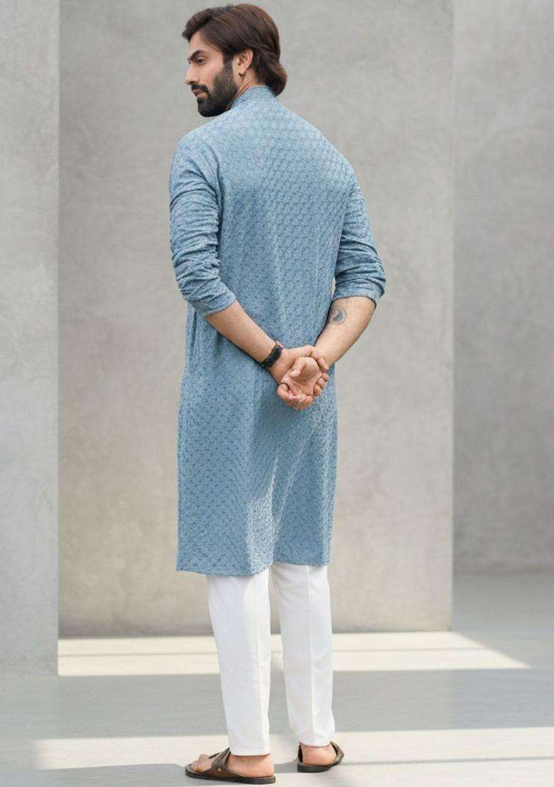 Blue Self Design Silk Blend Kurta Set For Men - Indya