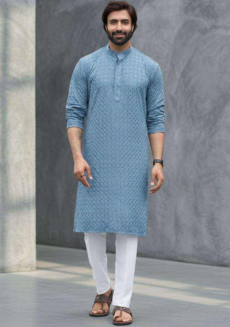 Blue Self Design Silk Blend Kurta Set For Men - Indya