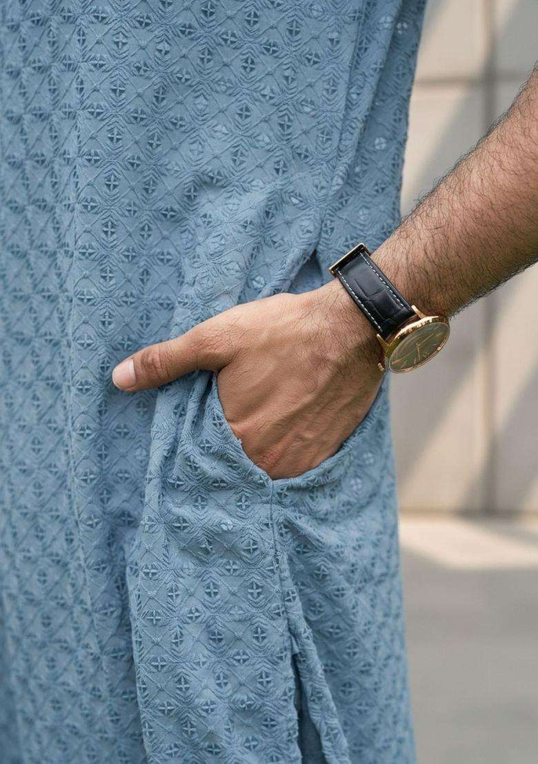 Blue Self Design Silk Blend Kurta Set For Men - Indya