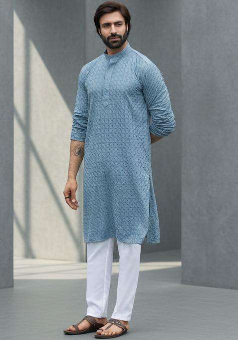 Blue Self Design Silk Blend Kurta Set For Men