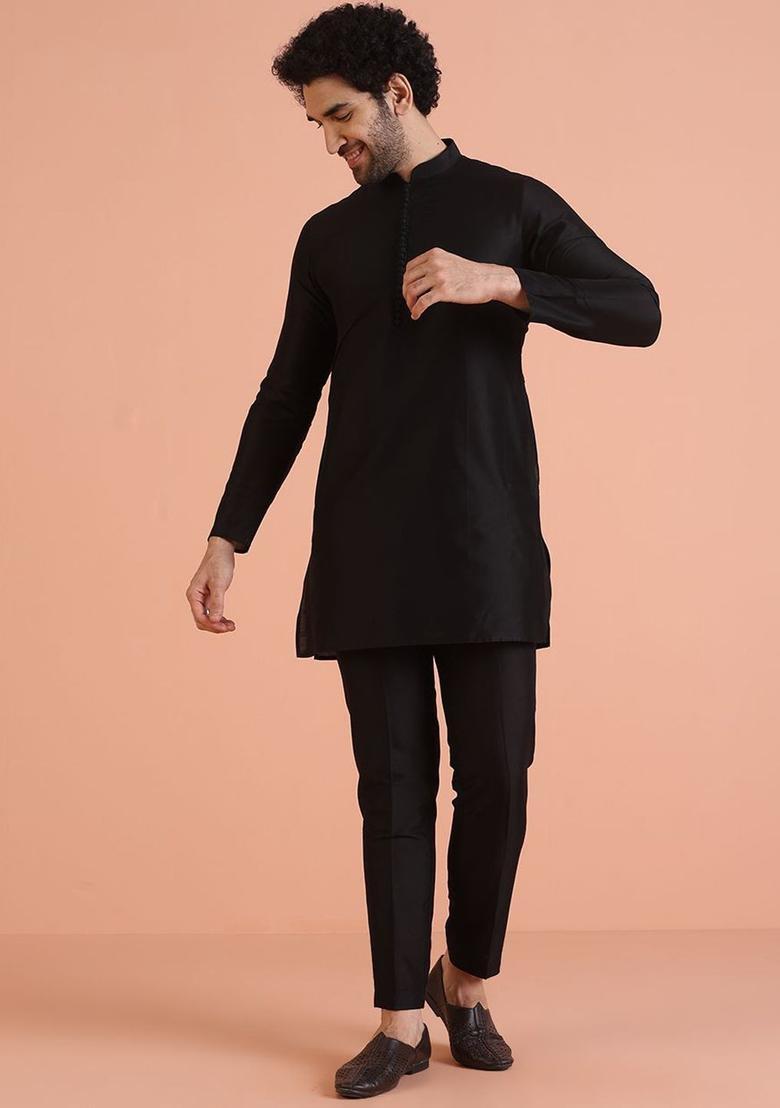 Black Solid Silk Kurta Set For Men - Indya