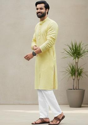 Yellow Self Design Cotton Kurta Set For Men