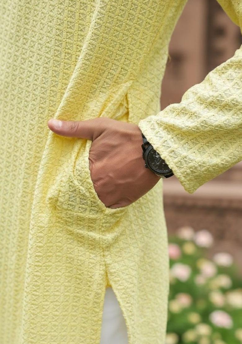 Yellow Self Design Cotton Kurta Set For Men - Indya