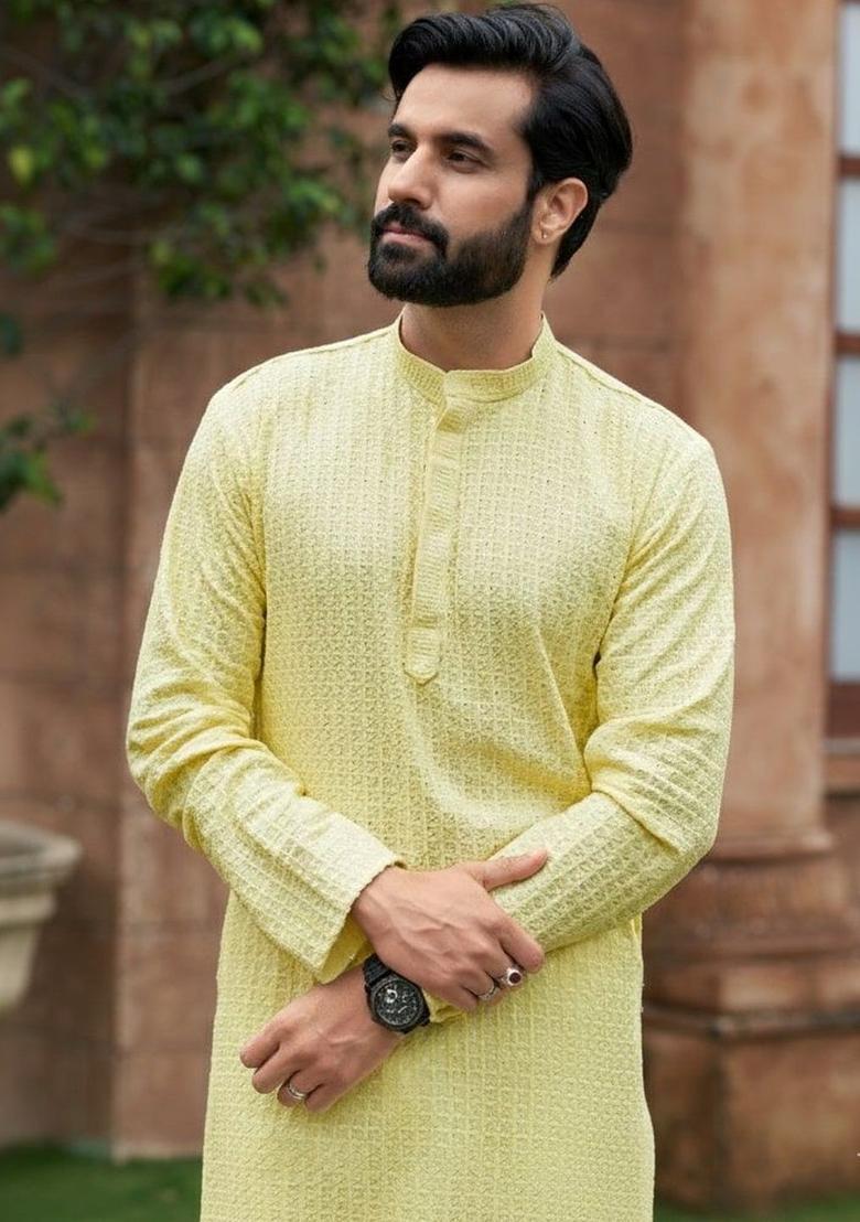 Yellow Self Design Cotton Kurta Set For Men - Indya