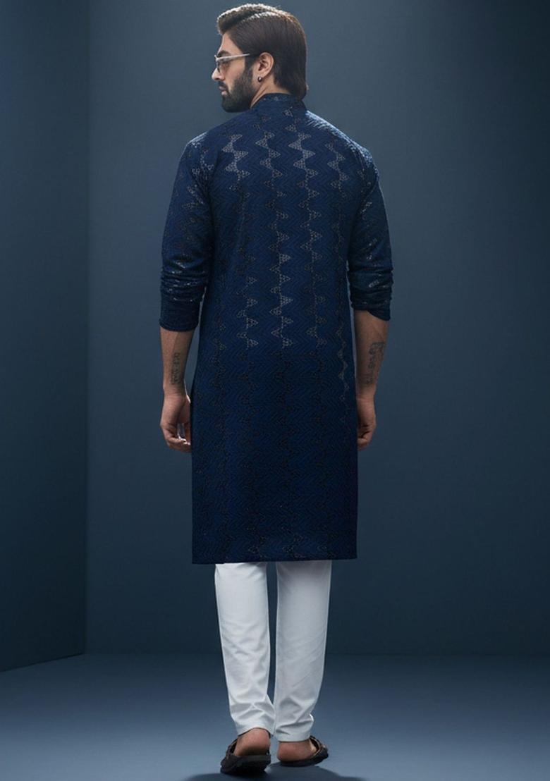 Blue Embroidered Cotton Kurta Set For Men - Indya