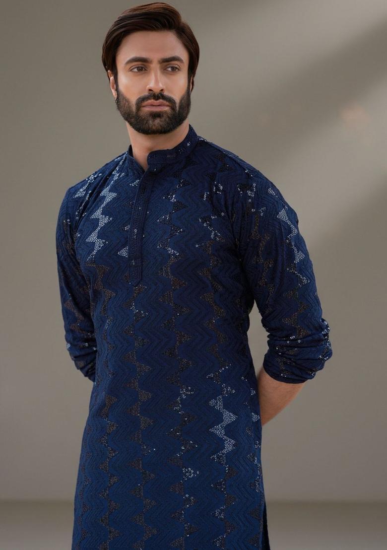 Blue Embroidered Cotton Kurta Set For Men - Indya