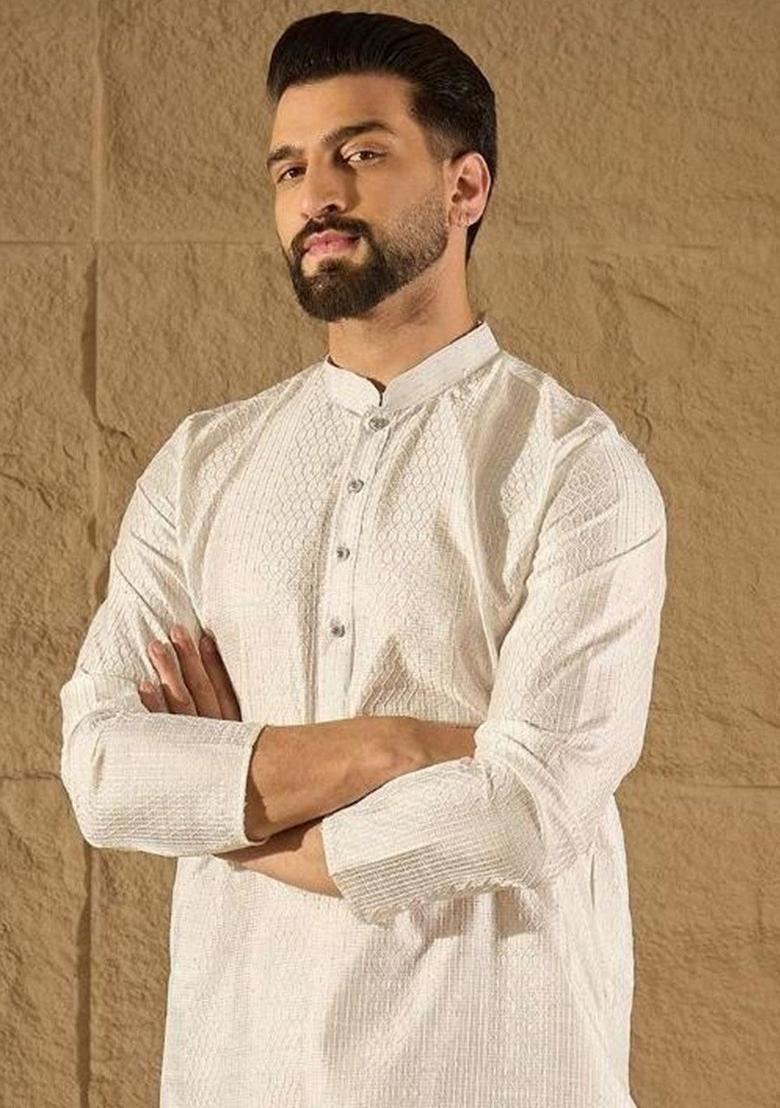 White Self Design Silk Kurta Set For Men - Indya