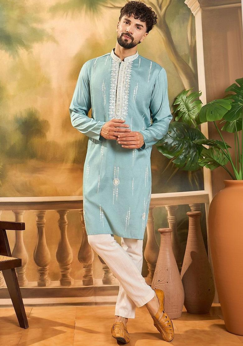 Blue Embroidered Viscose Kurta Set For Men - Indya