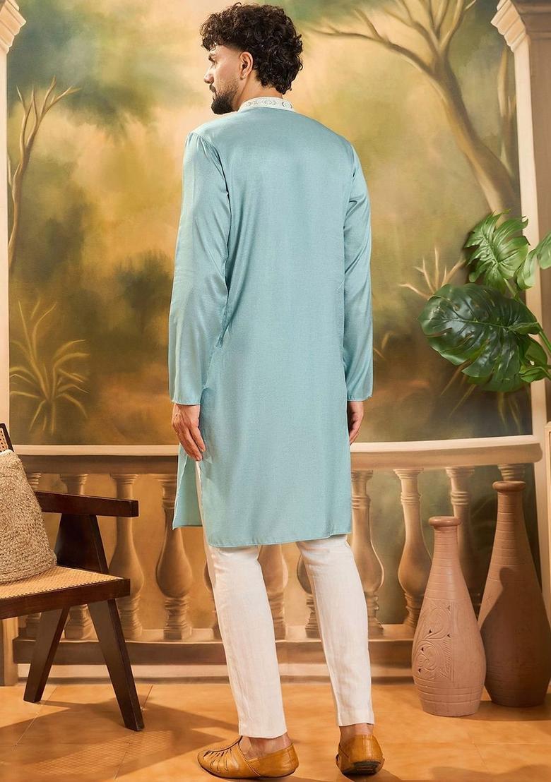 Blue Embroidered Viscose Kurta Set For Men - Indya