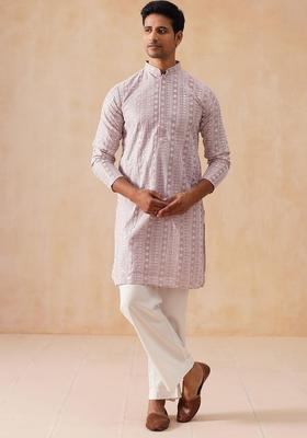 Pink Embroidered Silk Kurta Set For Men