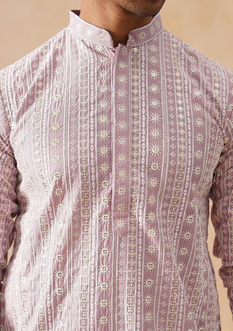 Pink Embroidered Silk Kurta Set For Men - Indya