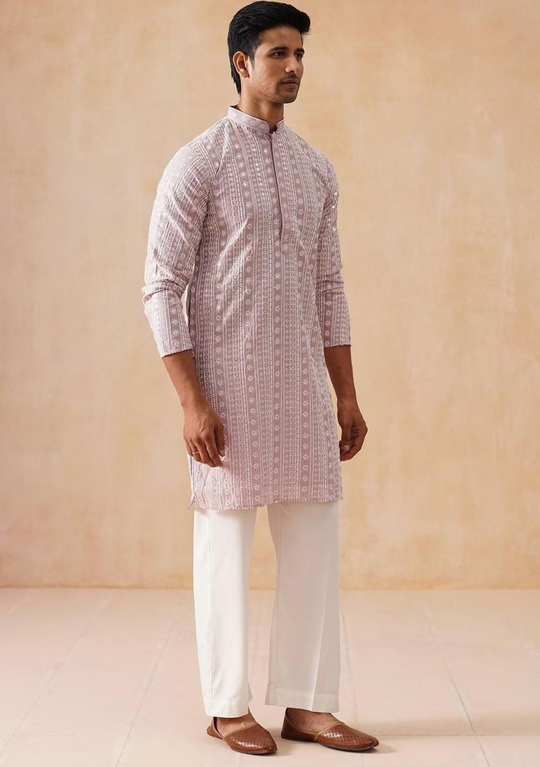 Pink Embroidered Silk Kurta Set For Men - Indya