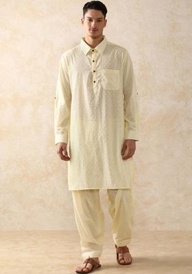 Beige Self Design Cotton Kurta Set For Men