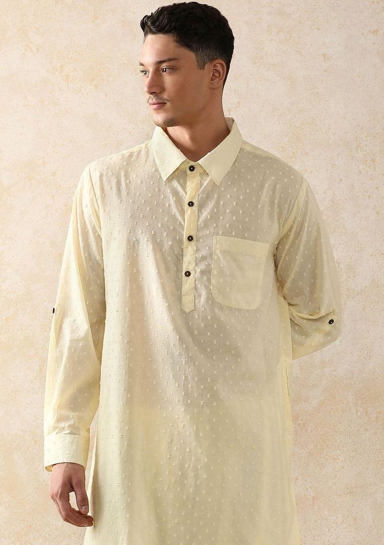 Beige Self Design Cotton Kurta Set For Men - Indya