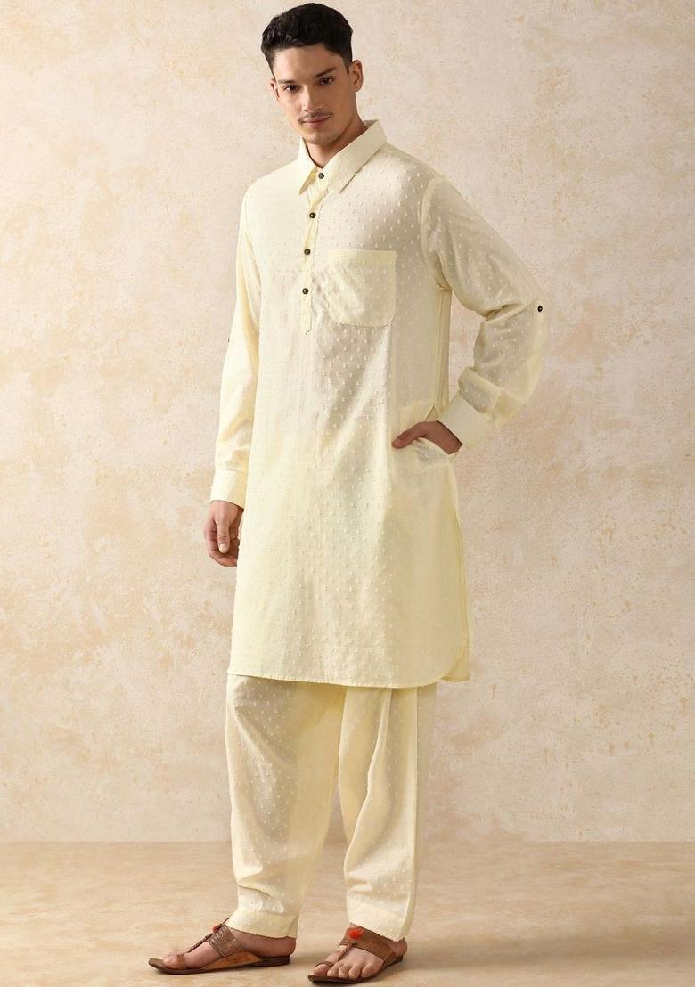 Beige Self Design Cotton Kurta Set For Men - Indya
