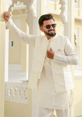 White Woven Design Silk Kurta Set For Men