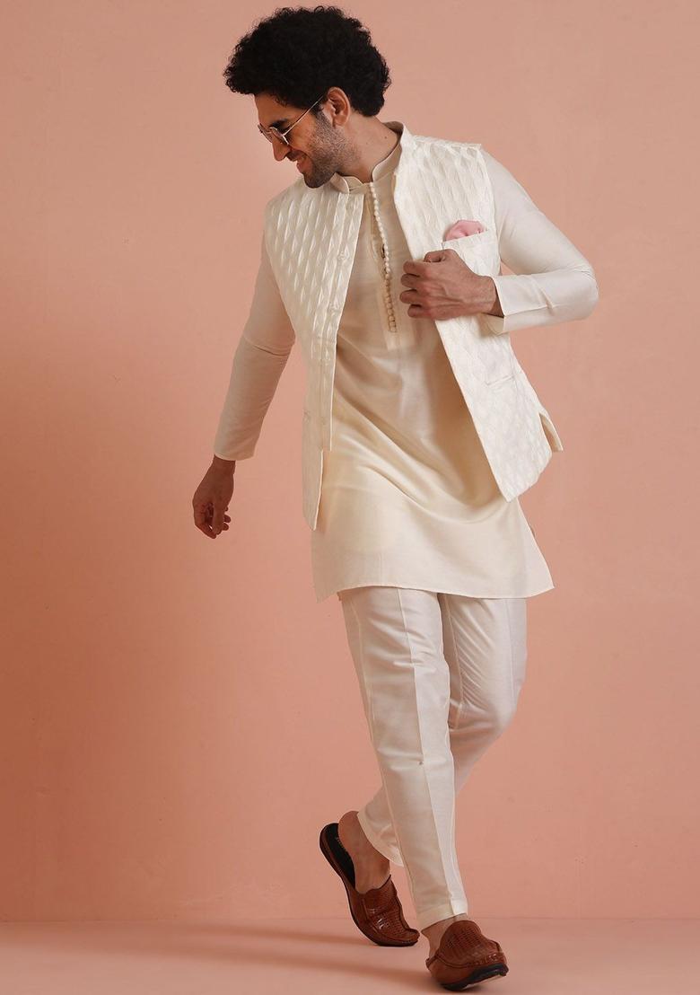 White Woven Design Silk Kurta Set For Men - Indya