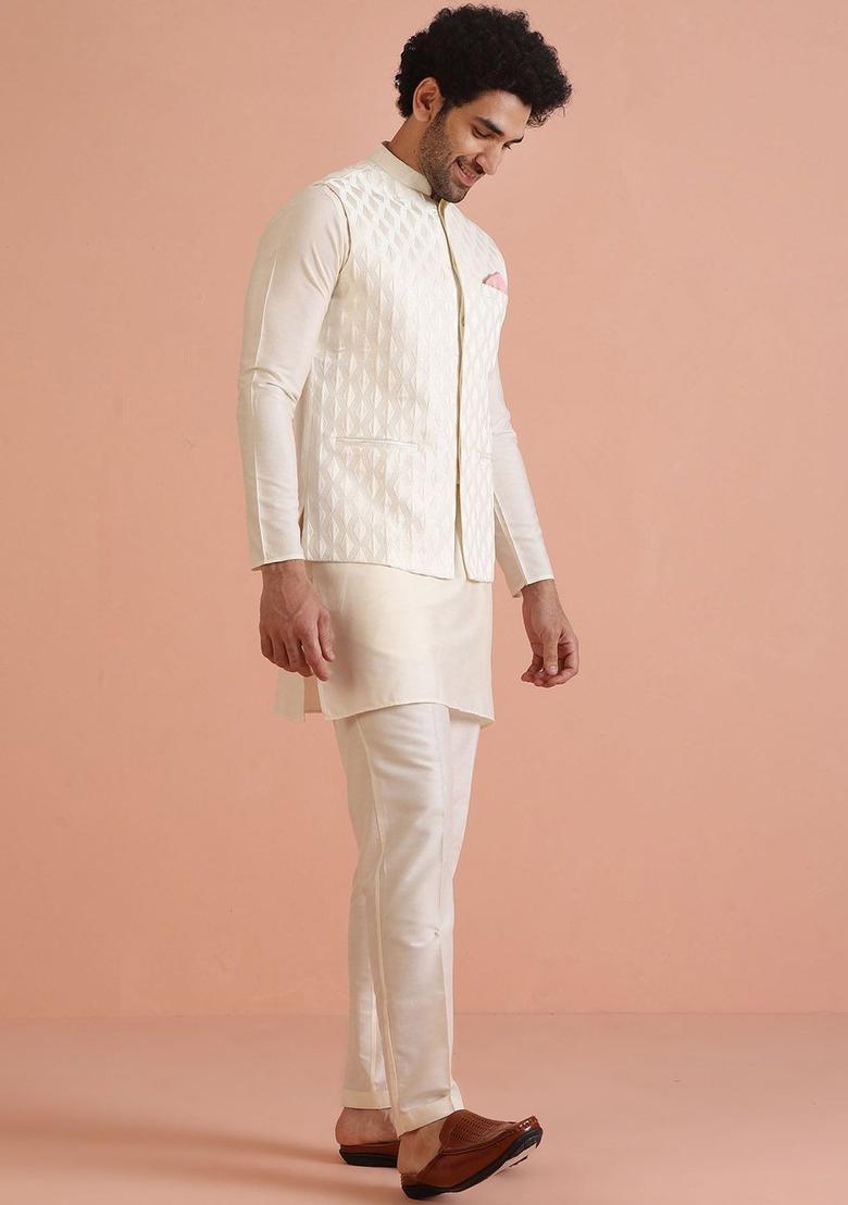 White Woven Design Silk Kurta Set For Men - Indya
