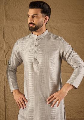 Grey Woven Design Silk Kurta Set For Men