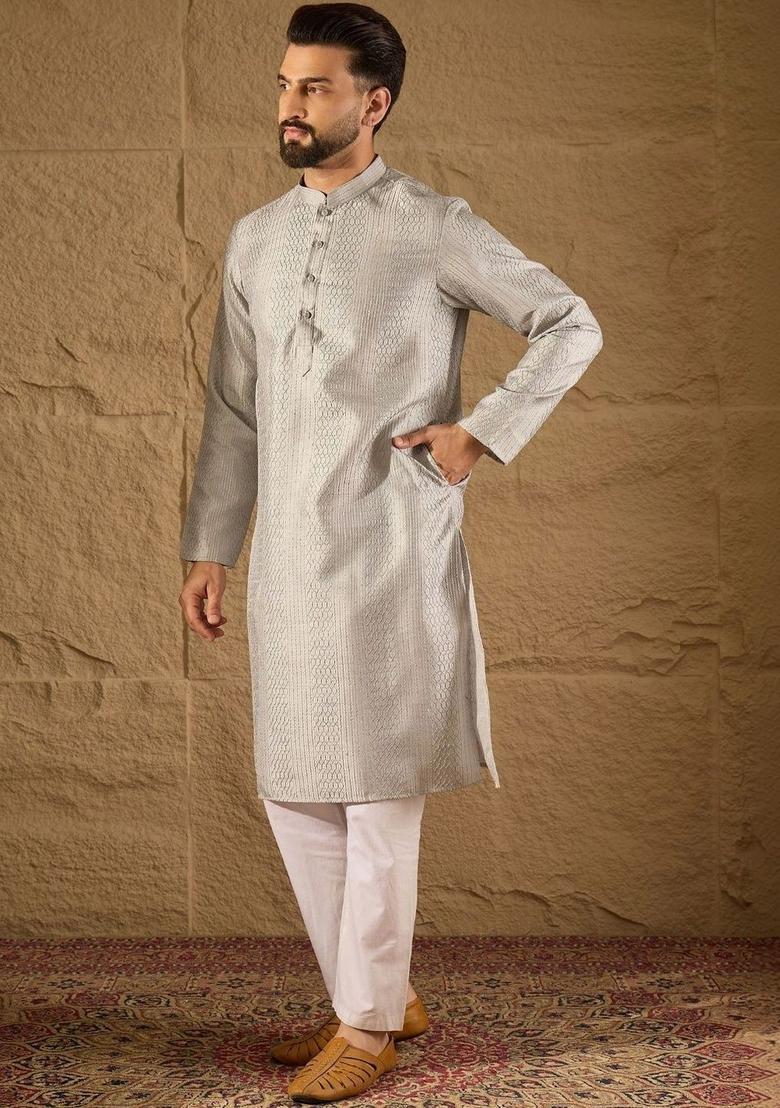 Grey Woven Design Silk Kurta Set For Men - Indya