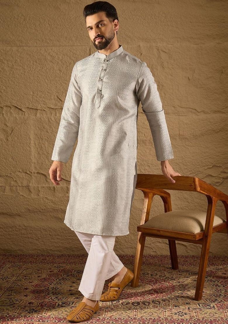 Grey Woven Design Silk Kurta Set For Men - Indya
