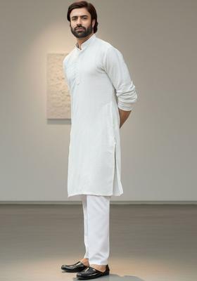 White Self Design Silk Kurta Set For Men