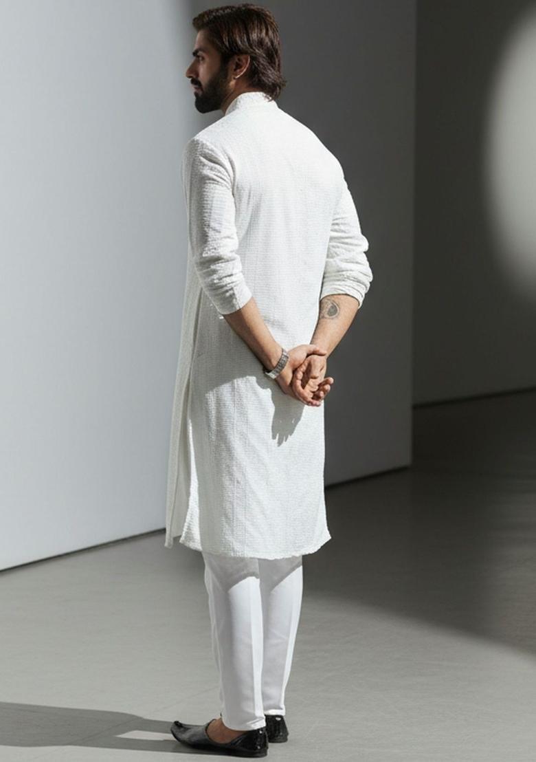 White Self Design Silk Kurta Set For Men - Indya