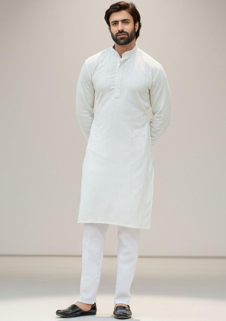 White Self Design Silk Kurta Set For Men - Indya