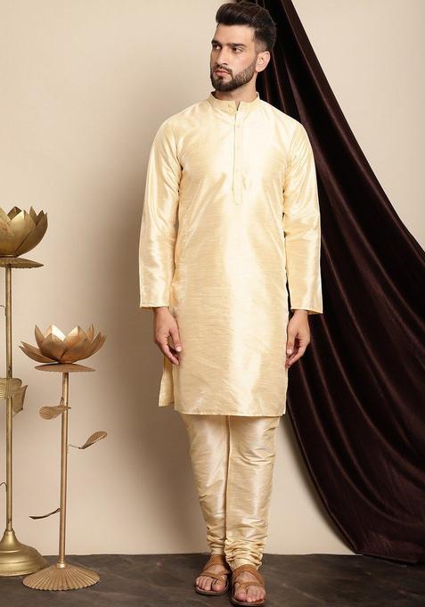 Beige Solid Silk Kurta Set For Men