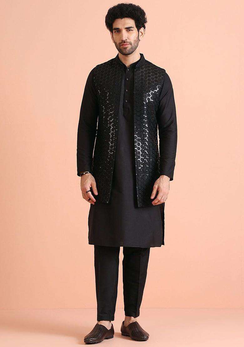 Black Solid Cotton Kurta Set For Men - Indya
