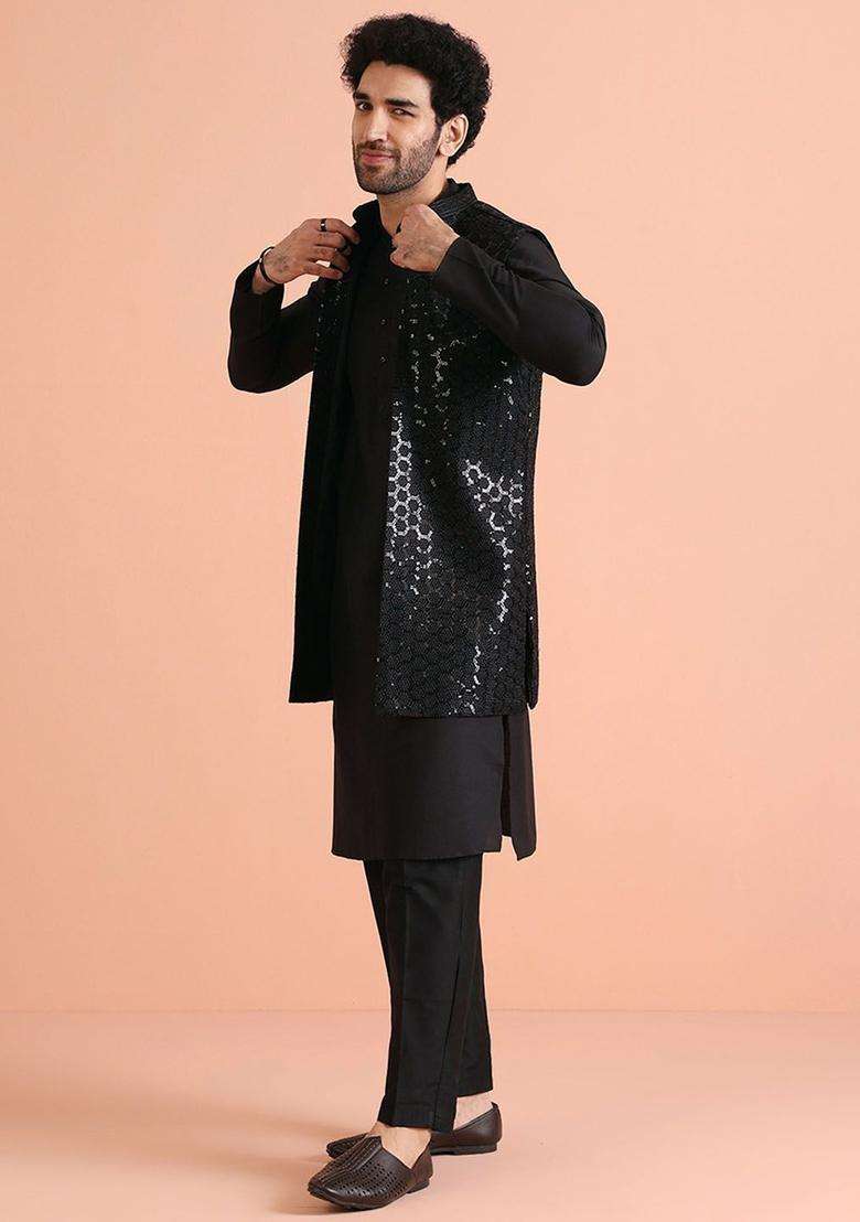 Black Solid Cotton Kurta Set For Men - Indya