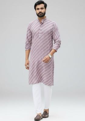 Purple Printed Silk Kurta Set For Men