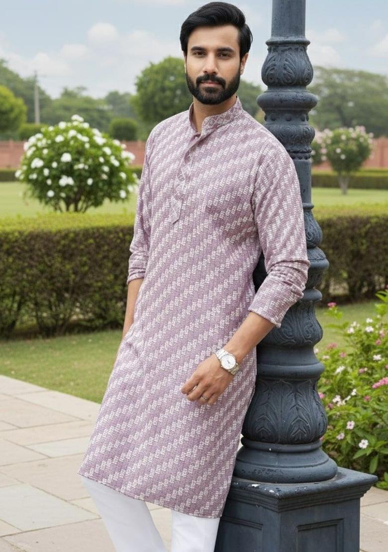 Purple Printed Silk Kurta Set For Men - Indya