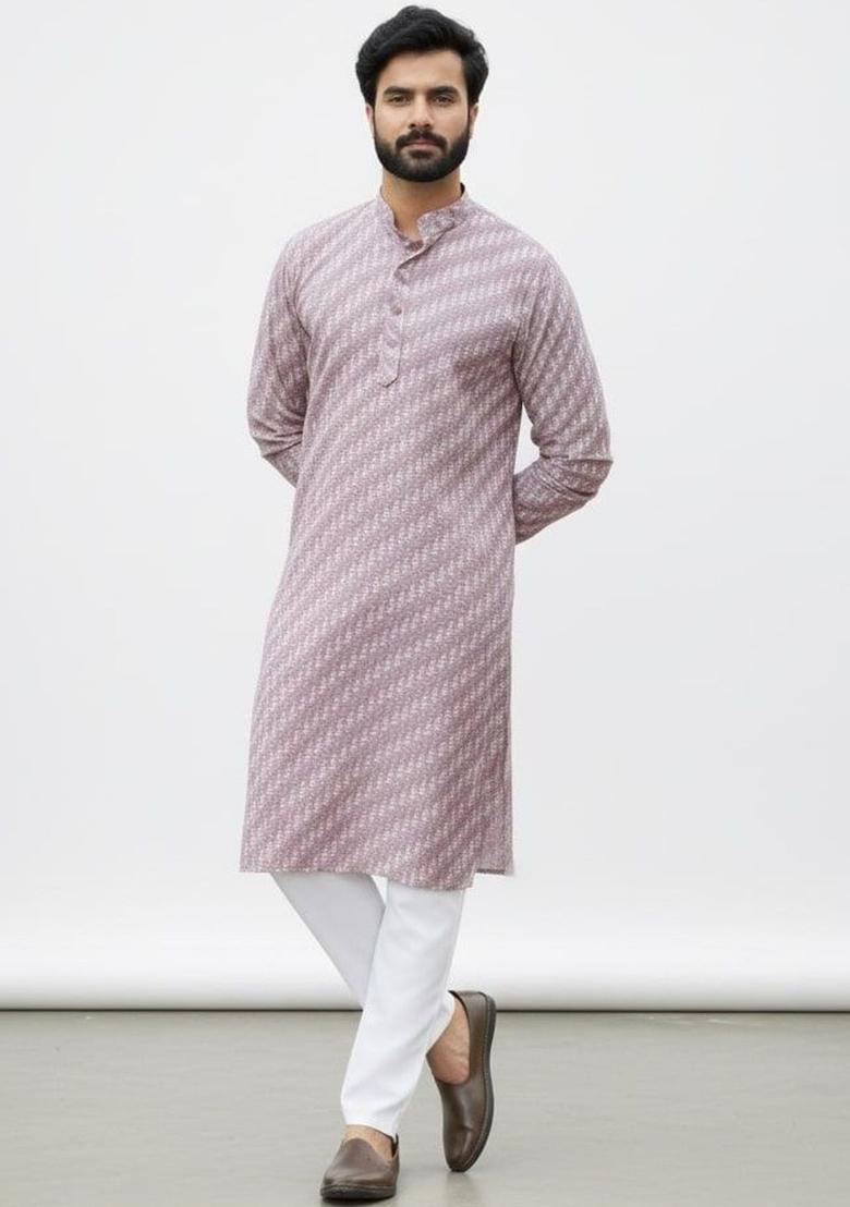 Purple Printed Silk Kurta Set For Men - Indya