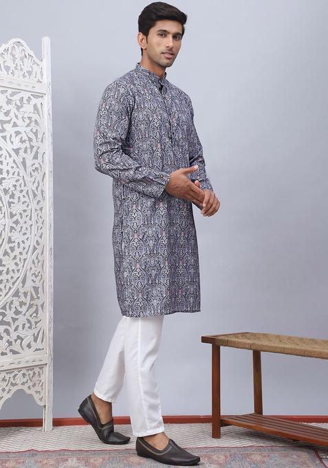 Grey Printed Cotton Kurta Set For Men