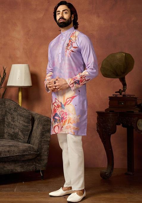 Purple Printed Cotton Kurta Set For Men