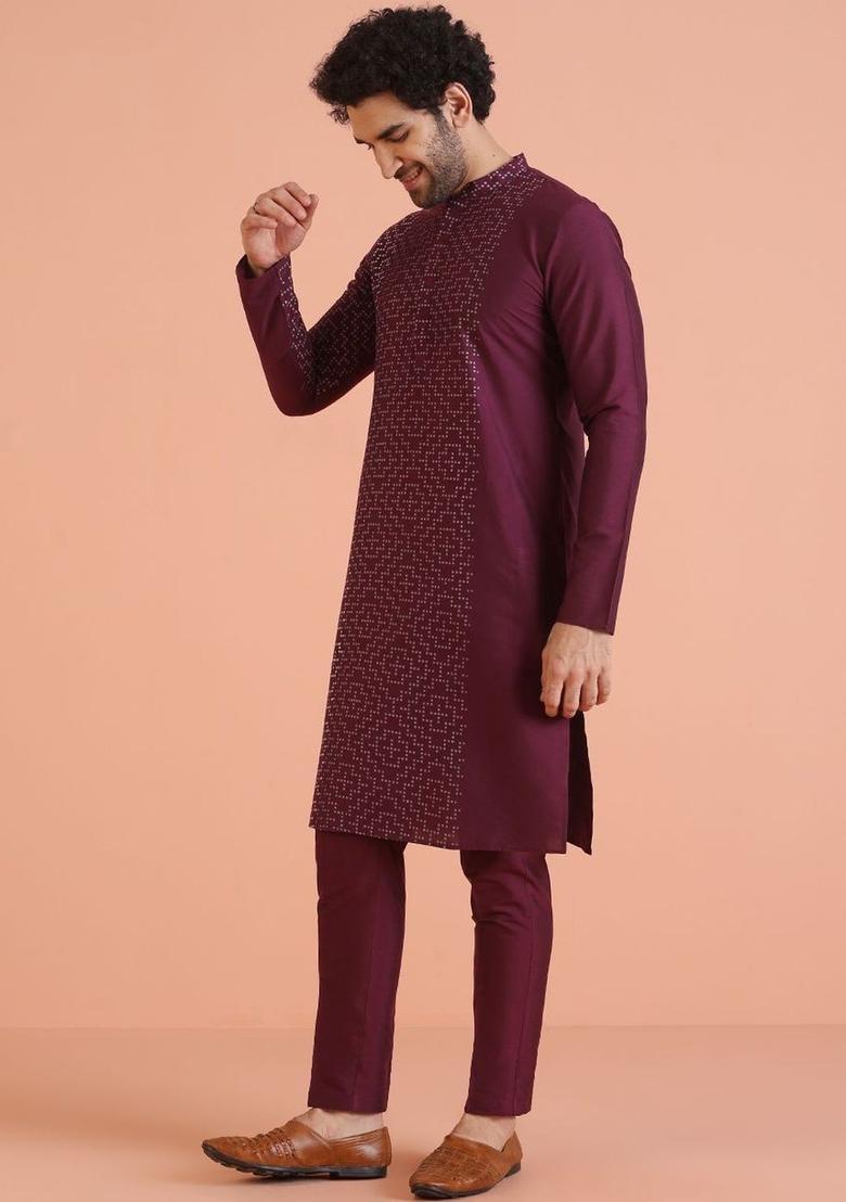 Maroon Printed Cotton Kurta Set For Men - Indya