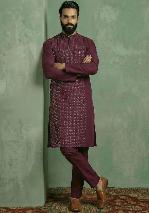 Maroon Printed Cotton Kurta Set For Men