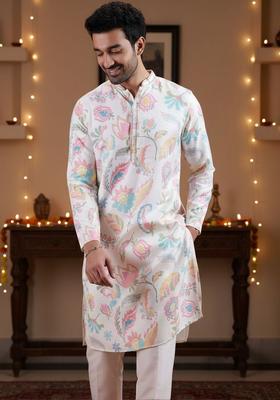 White Printed Silk Kurta Set For Men