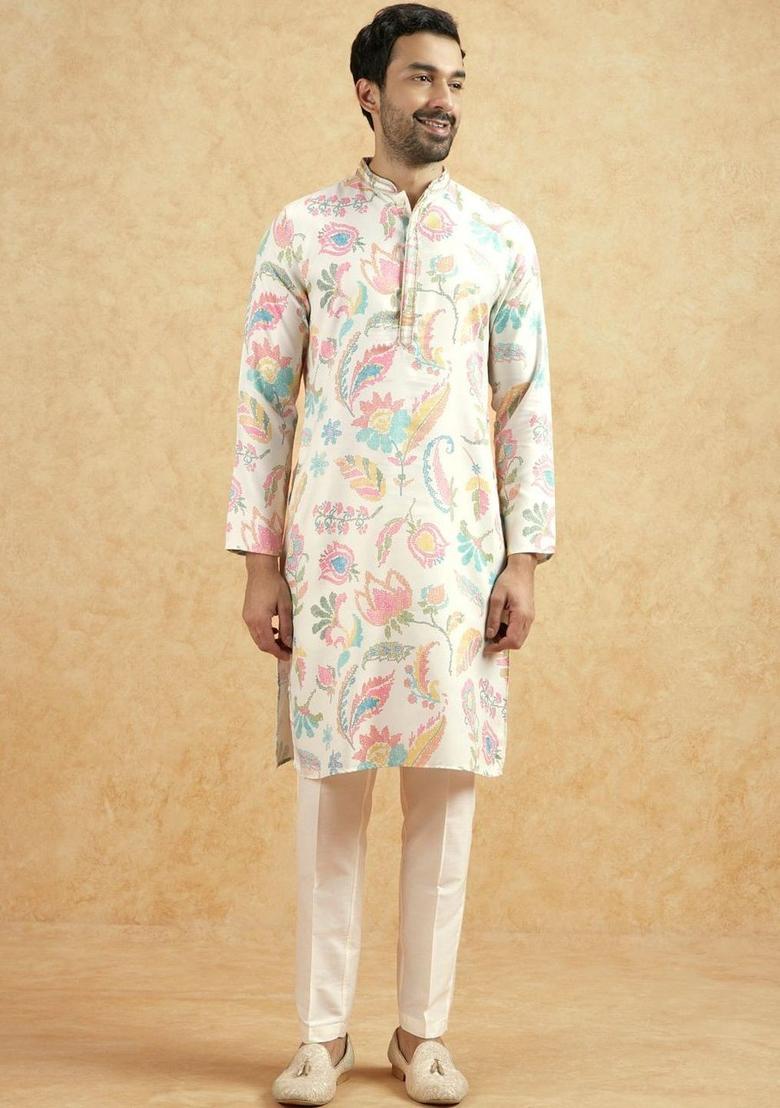 White Printed Silk Kurta Set For Men - Indya