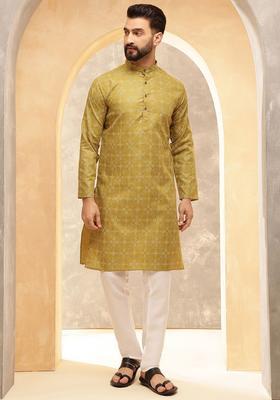 Olive Printed Cotton Kurta Set For Men