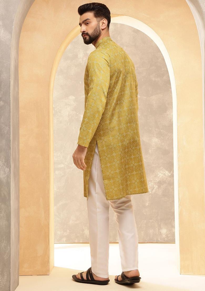 Olive Printed Cotton Kurta Set For Men - Indya