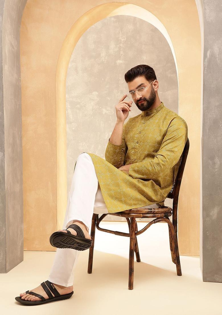 Olive Printed Cotton Kurta Set For Men - Indya