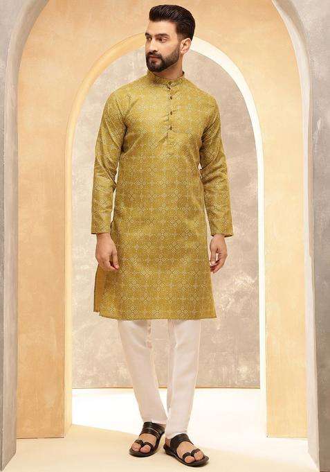 Olive Printed Cotton Kurta Set For Men