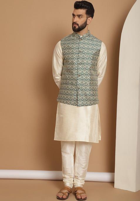 Beige Solid Silk Kurta Set For Men